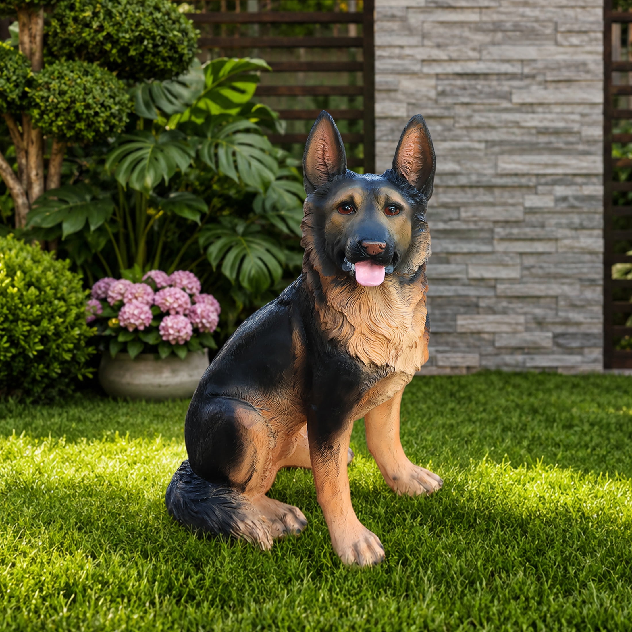 Noble House Lifelike German Shepherd Statue, Realistic Resin Animal Figurine for Outdoor Garden Decor, Black Brown