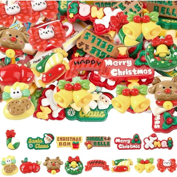 60Pcs Christmas Cabochons Flatback Resin Charms Bulk Cute Colorful Flat Back Opaque Decoden Santa Claus Bell Charm Cabochon Ornaments for DIY Christmas Jewelry Hair Clips Phone Case DIY Crafts