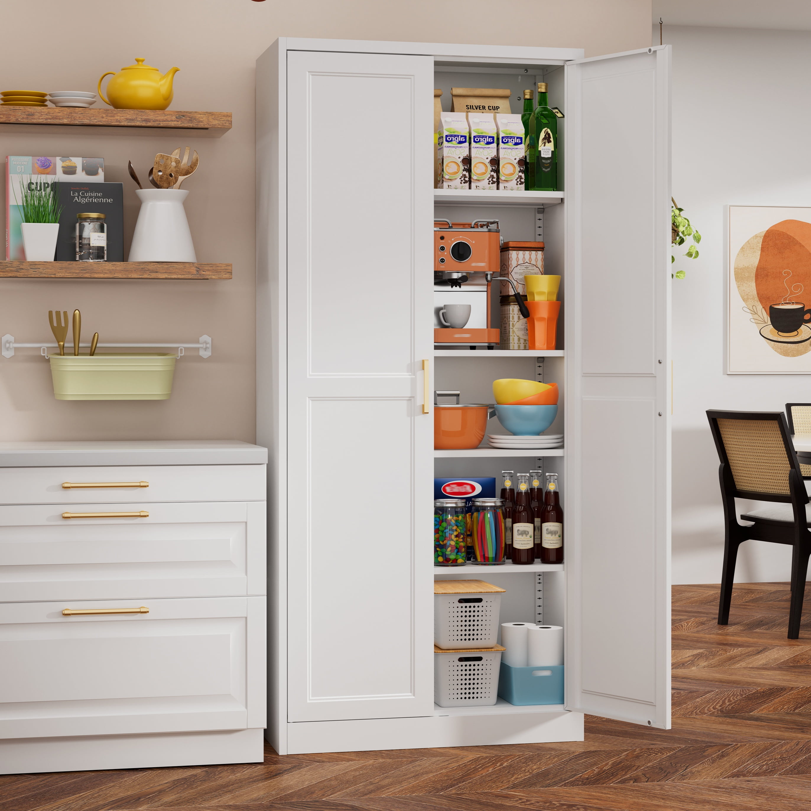 Polup 71" Height Metal White Storage Cabinet, Modern Tall Steel Pantry Cupboard with 2 Doors and Adjustable Shelves for Kitchen Garage and Home