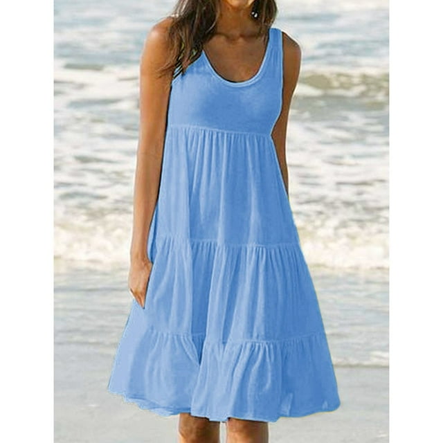 AMERTEER Robe Décontractée pour Femmes Robe de Fête d'Été Sans Manches Plage Robe Unie pour Femmes Vêtements pour Femmes L Noir