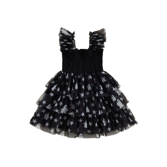 BemeyourBBs Toddler Baby Girl Halloween Dress Outfit Kids Girl Fall Smocked Dress Flying Sleeve Ghost Bat Maple Leaves Printed Tutu Tulle Dress Little Girls Summer Fall Cake Smash Party Dress