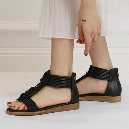 

XIAQUJ Fashion Spring and Summer Women Sandals Flat Low Heel Open Toe Breathable Comfortable Leaf Shape Rhinestone Bohemian Style Sandals for Women Black 8(40)