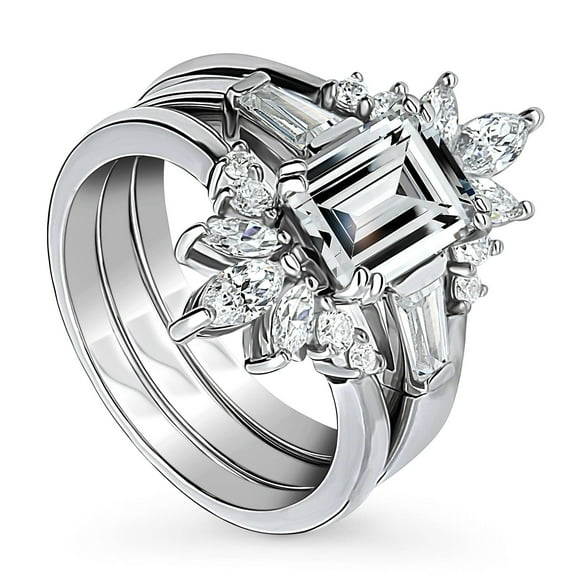 BERRICLE Sterling Silver 3-Stone Wedding Engagement Rings 2.1 Carat Emerald Cut Cubic Zirconia CZ Flower Ring Set for Women, Rhodium Plated Size 6.5