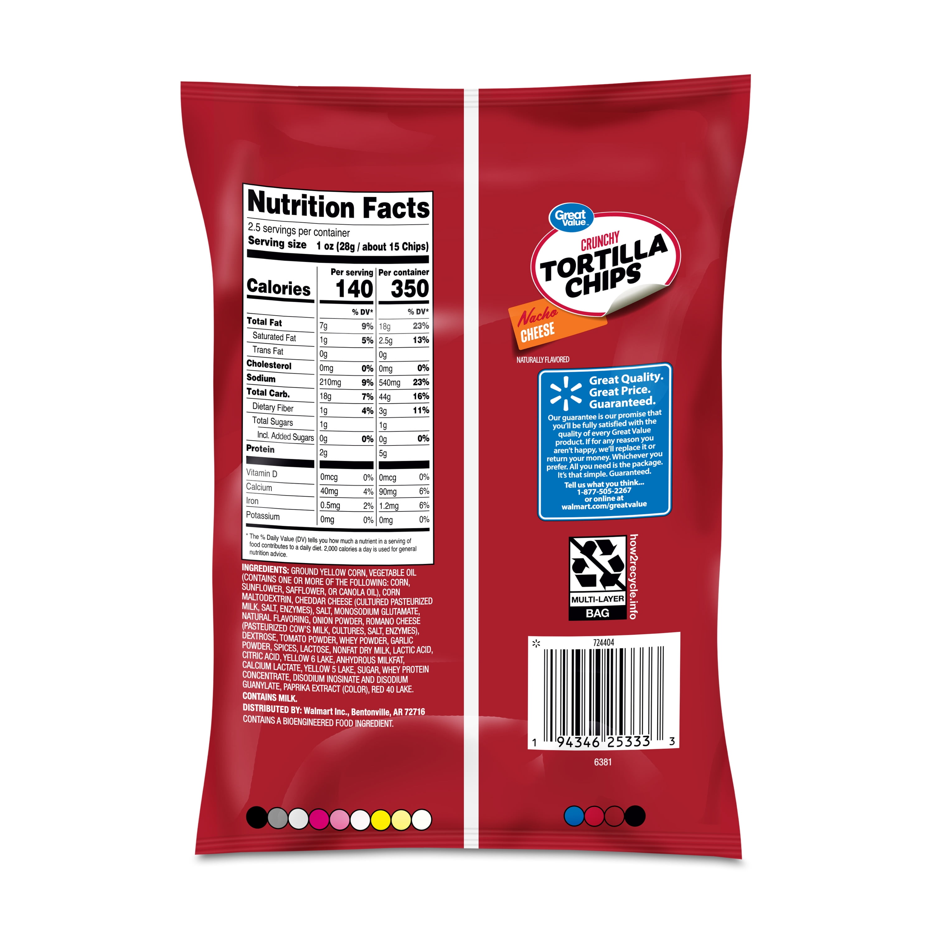 Great Value Nacho Cheese Tortilla Chips, 2.5 oz Bag