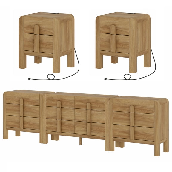 5 Pcs Bedroom Set, Wooden Dresser and Nightstand Sets, Night Stand Set of 2, 12 Drawer Dresser with Curved Profile Design, Mid Century Modern Dresser Set