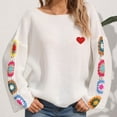 thumbnail image 2 of Fartey Women’s Heart Embroidered Sweater Fashion Floral Crochet Long Sleeve Sweaters Loose Fit Crew Neck Drop Shoulder Knitted Pullover Tops White S, 2 of 9