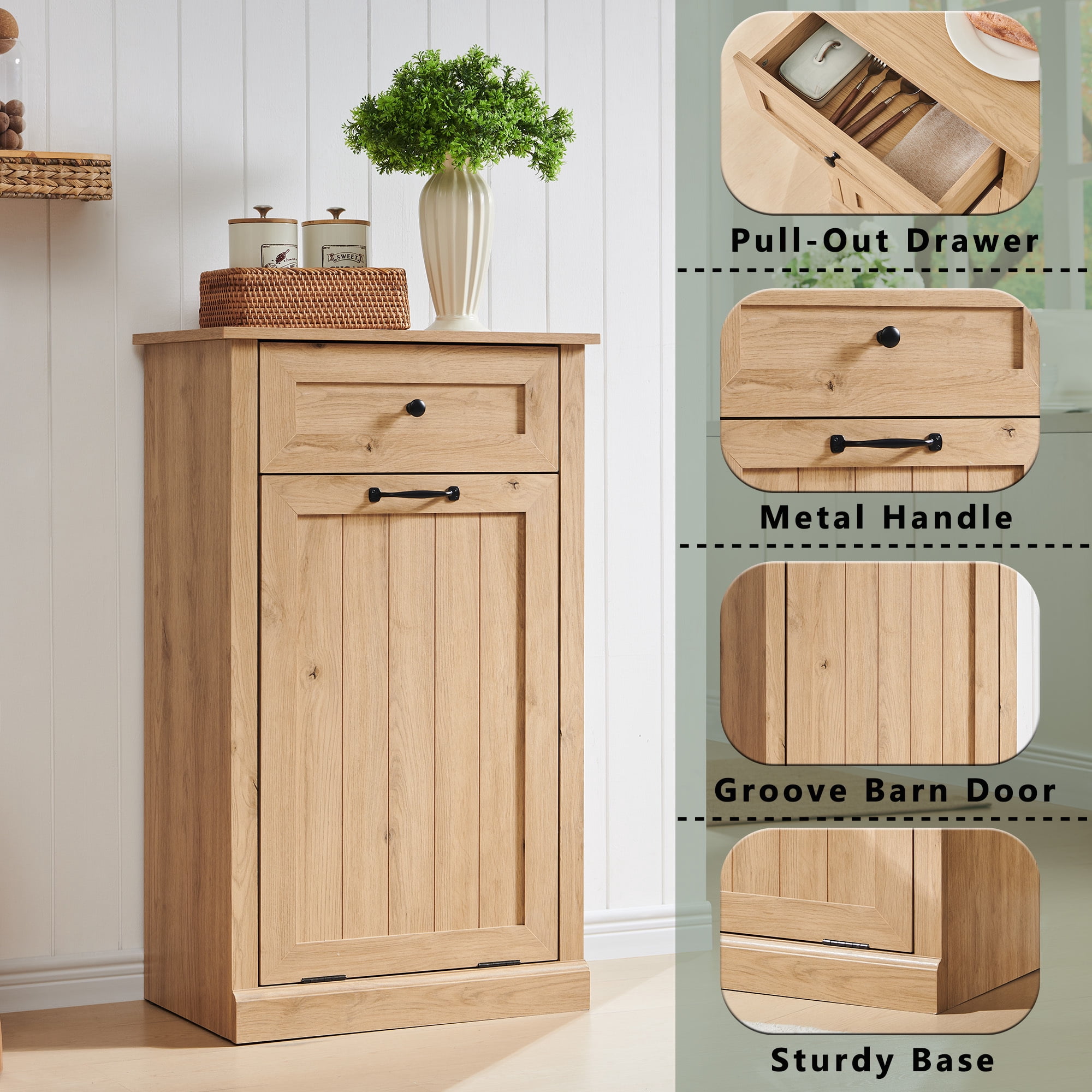 Tilt Out Trash Cabinet, 10 Gallon Farmhouse Laundry Hamper Cabinet with Drawers, Storage Basket for Kitchen, Living Room, Natural