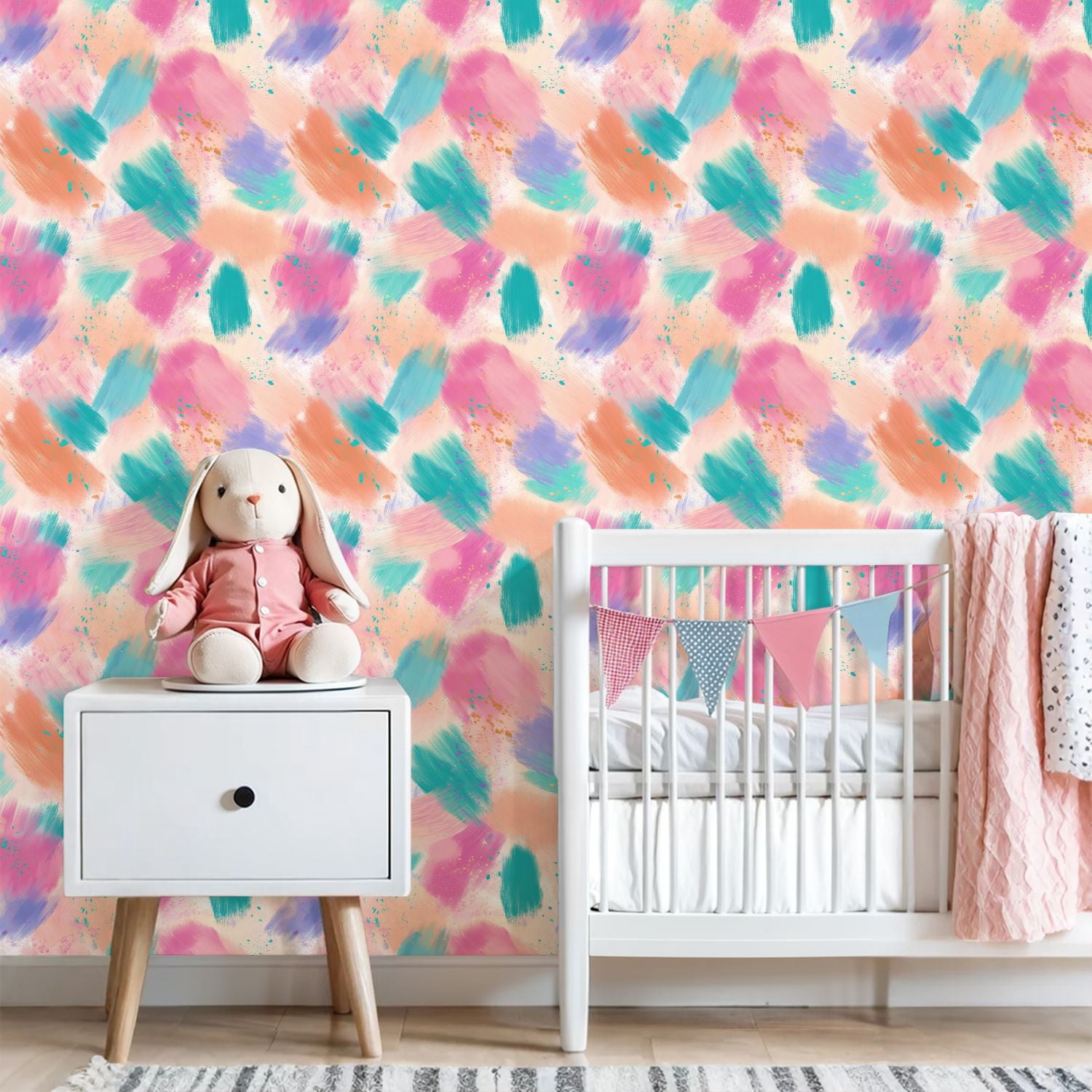 Peel and Stick Wallpaper Abstract Brush Strokes Pink Blue Teal Gold Accents Wall Mural 23.6in x 9.8ft Self Adhesive Removable Wall Paper Renter Friendly Wallpaper for Nursery Bedroom Cabinets