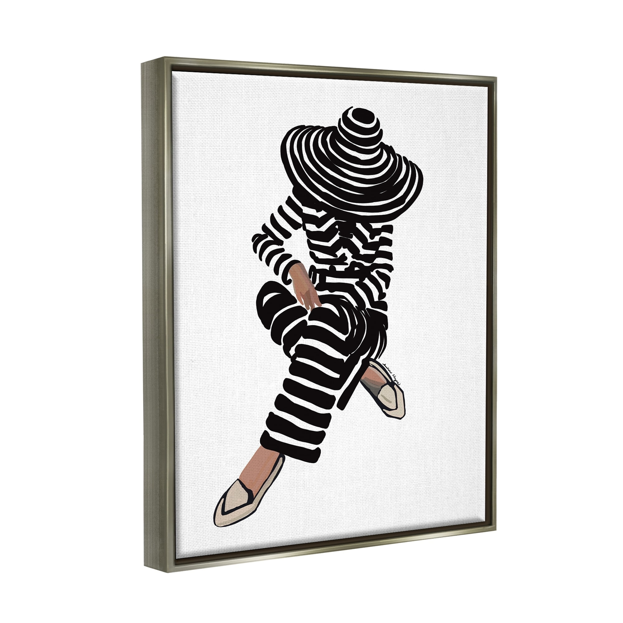 Stupell Industries Stripes Pattern Woman Sitting Fashion Portrait Graphic Art Luster Gray Floating Framed Canvas Print Wall Art, Design by Amelia Noyes