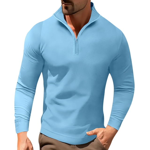 Blusa y camisa de manga larga con cuello alto para hombre, color liso, con cremallera, deportiva, de manga larga y cuello alto.