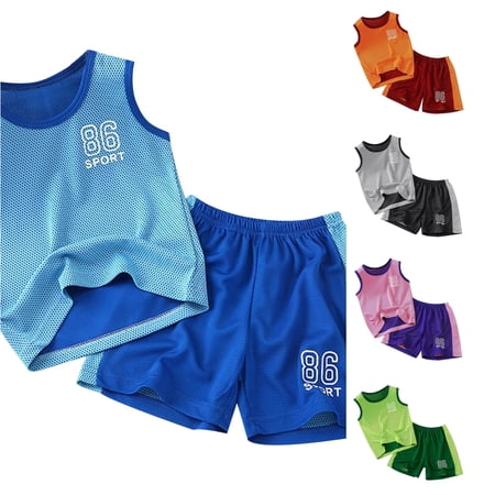 OSOLU Children Boys Outfits Summer Quick Drying Sports Basketball Crew Neck Sleeveless Vest + Shorts Football Suit Travel Holiday Clothing Sets