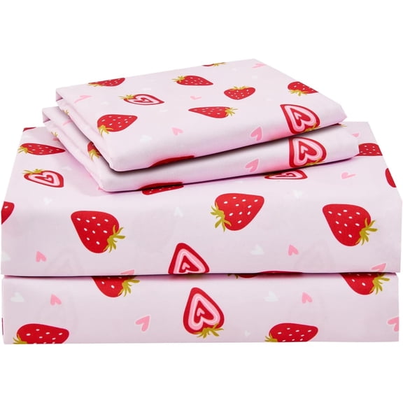 Pink Strawberry Printed Kids Sheet Set Twin Size, 3 Pcs Breathable & Silky Soft Microfiber Kids Fitted Sheet, Bed Sheets with 15" Deep Pocket for Boys and Girls