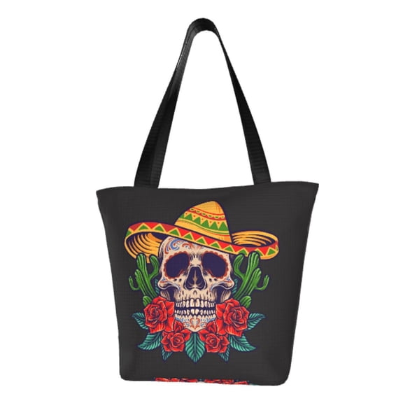 TEQUAN Reusable Shoulder Tote Bags, Cinco de May Mexican Skull Prints Polyester Casual Shopping Grocery Bag for Women