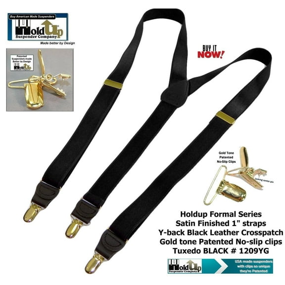 Holdup Brand Black Formal Series 1" Satin Finished Suspenders in Y-back with Gold No-slip Clips