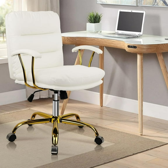 White and Gold Home Office Chair, Comfy Swivel Leather Desk Chair with Wheels and Armrests, Upholstered Task Computer Chair, Modern Height Adjustable Bedroom Vanity Chair, 300lb
