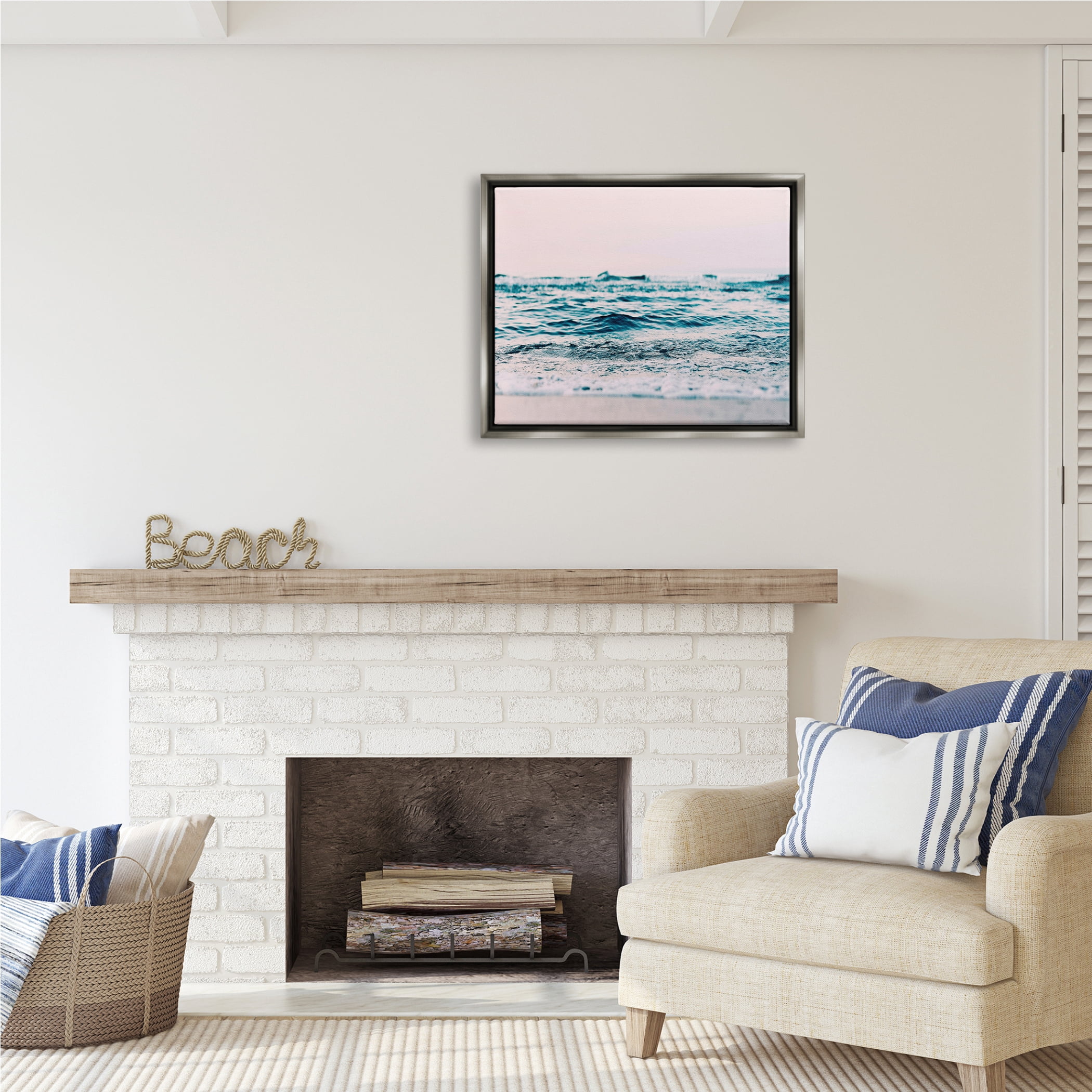 Stupell Industries Pink Sunrise Sea Waves Nature Photography Gray Floater Framed Art Print Wall Art, 31 x 25