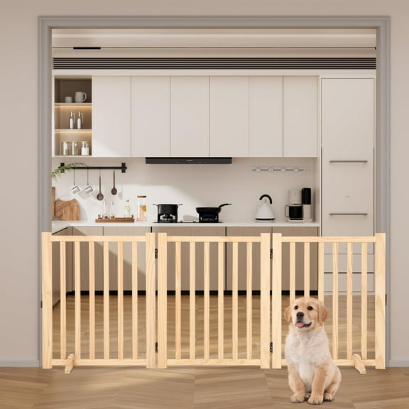 Pet Gate, 3-Panel/4-Panel Indoor FoldableDog Fence for Stairs or Doorways, Retractable Wood Freestanding Dog Gates