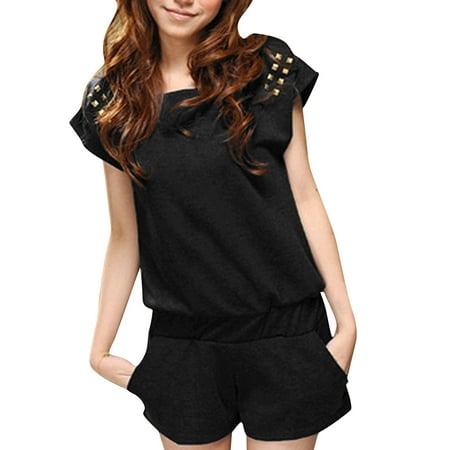 Allegra K Women's Short Sleeve Stretch Waist Playsuit Black (Size L / 12)