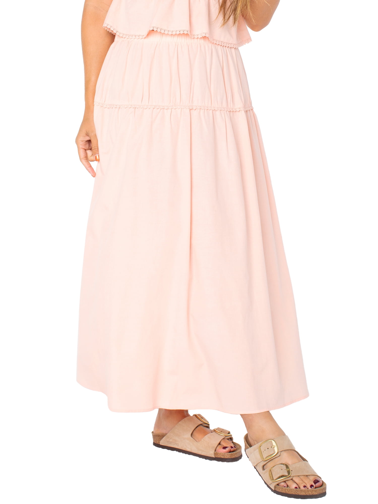 Celebrity Pink Women’s Cotton Tiered Midi Skirt with Lace Trim, Sizes XS-XXL
