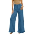 thumbnail image 2 of Mifsaly Womens Ruffle Hem Wide Leg Pants High Waist Button Fly Flare Pants Lightweight Loose Fit Flowy Summer Casual Outfits with Pockets Blue,L, 2 of 6