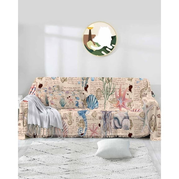 Orange Coastal Sofa Covers for 3 Cushion Couch,Washable Sectional & L Shape Couch Covers for Dog/Cat/Kids,Starfish Shell Conch Nautical Tropical Fish Non Slip Sofa Slipcover Futon Cover 71x150