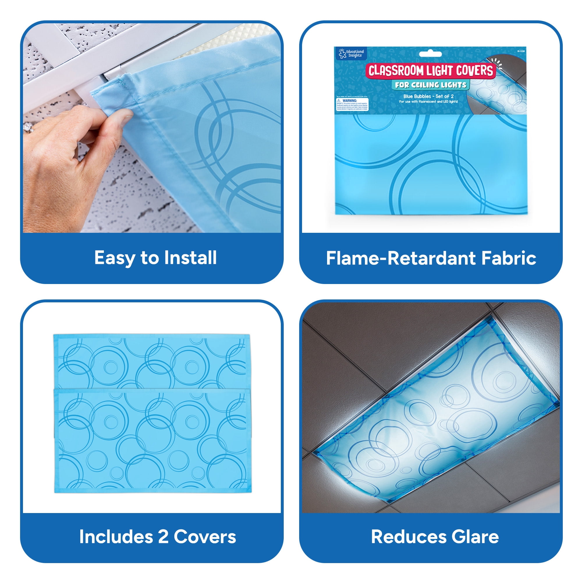 Educational Insights Fluorescent Light Covers 2-Pack Blue Bubbles, Light Filters for Classroom, Lighting Accessories