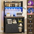 thumbnail image 4 of Itaar 35.4 inch Coffee Bar Cabinet, Bakers Rack with Power Outlet and Storage, Farmhouse Microwave Stand Kitchen Cabinet with Hutch, LED Lights, Wine Glass Holder and 8 Hooks, Black, 4 of 8