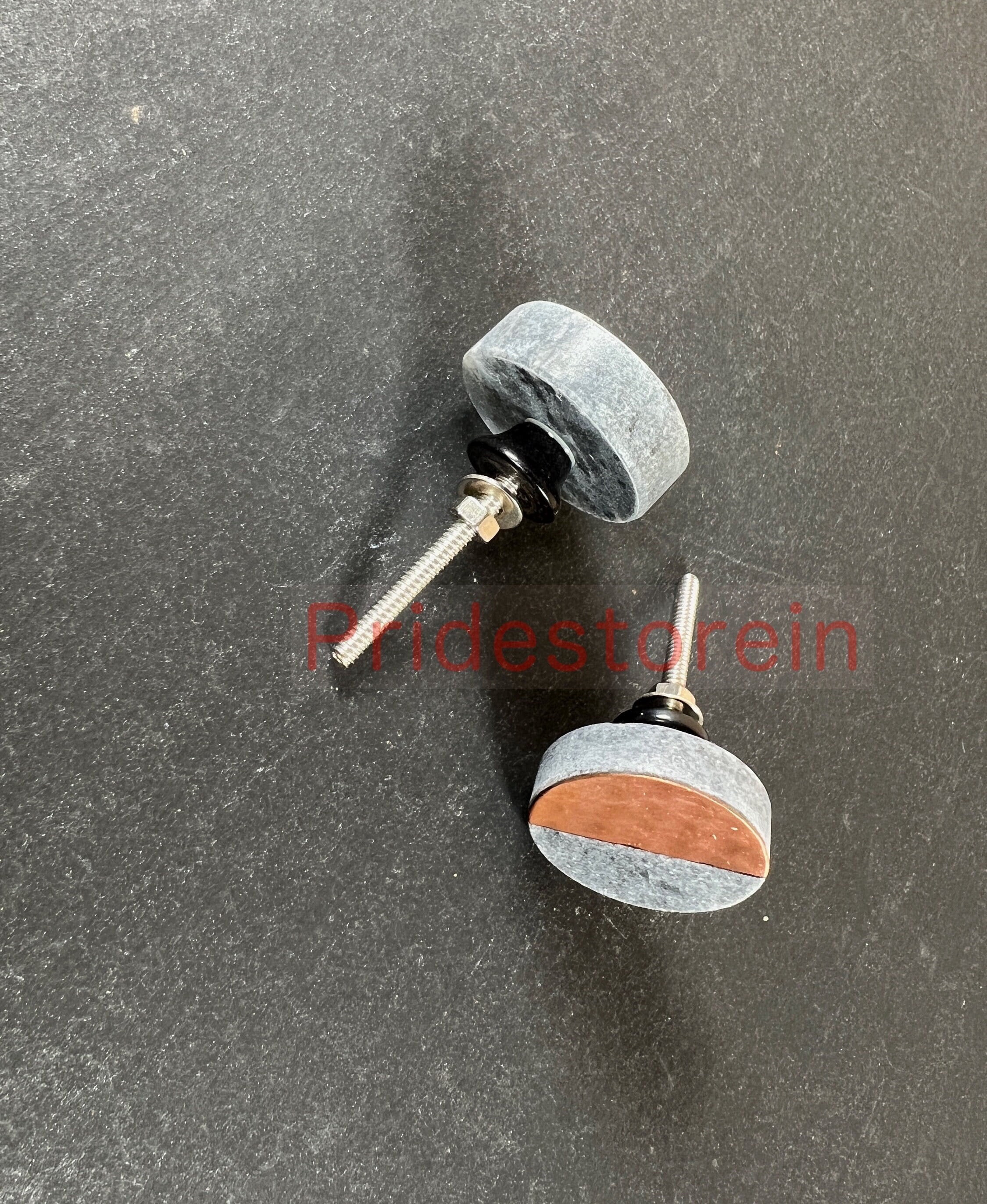 5 Marble Round and Sqaure Stone Brass Knobs, Grey Brown Color, Home Decor Cabinet Knobs for Furniture, Nuts & Bolts Included