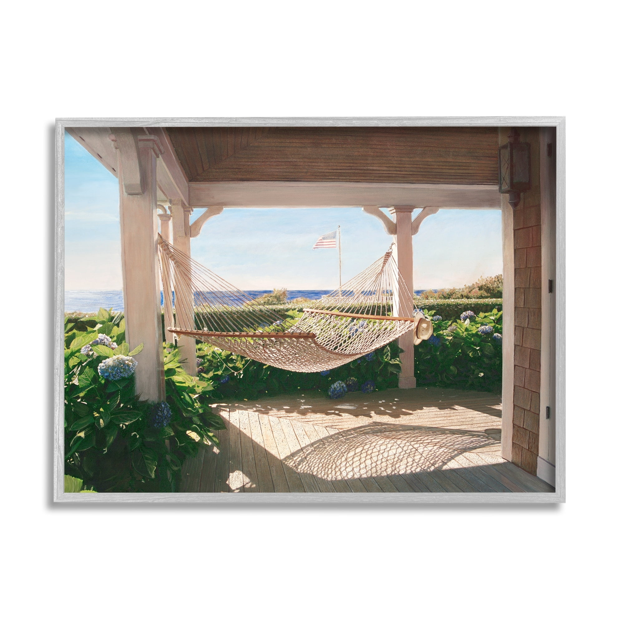 Stupell Industries Tranquil Hammock Warm Sunlit Porch Rural Garden Painting Gray Framed Art Print Wall Art, Design by Tom Mielko