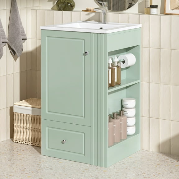 Euroco 20" Freestanding Bathroom Vanity with Ceramic Sink, Single Faucet Hole, MDF Storage Cabinet with Soft-Close Drawer, Open Side Shelves with Pinewood Towel Bar