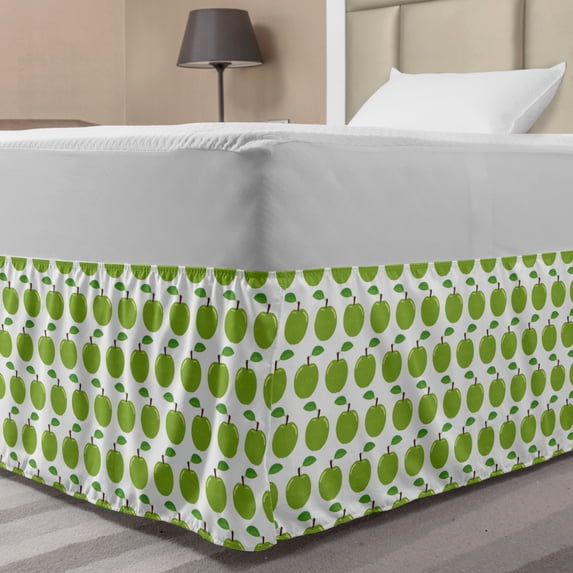 Apple Bed Skirt, Pattern of Repetitive Juicy Fruit Healthy Elements, Elastic Bedskirt Dust Ruffle Wrap Around for Bedding Decor, 4 Sizes, Lime Green Green, by Ambesonne