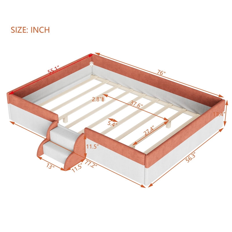Full Size Corduroy Upholstered Floor Bed Frame with Fence, Kids Low-Profile Platform Bed with 2-Tier Steps & Smart LED Lights