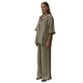 thumbnail image 3 of Women'S 2 Piece Outfits Solid Color Long Sleeve Linen Pants Suit Shirt Wide Leg Tracksuit Casual Straight Khaki L, 3 of 7