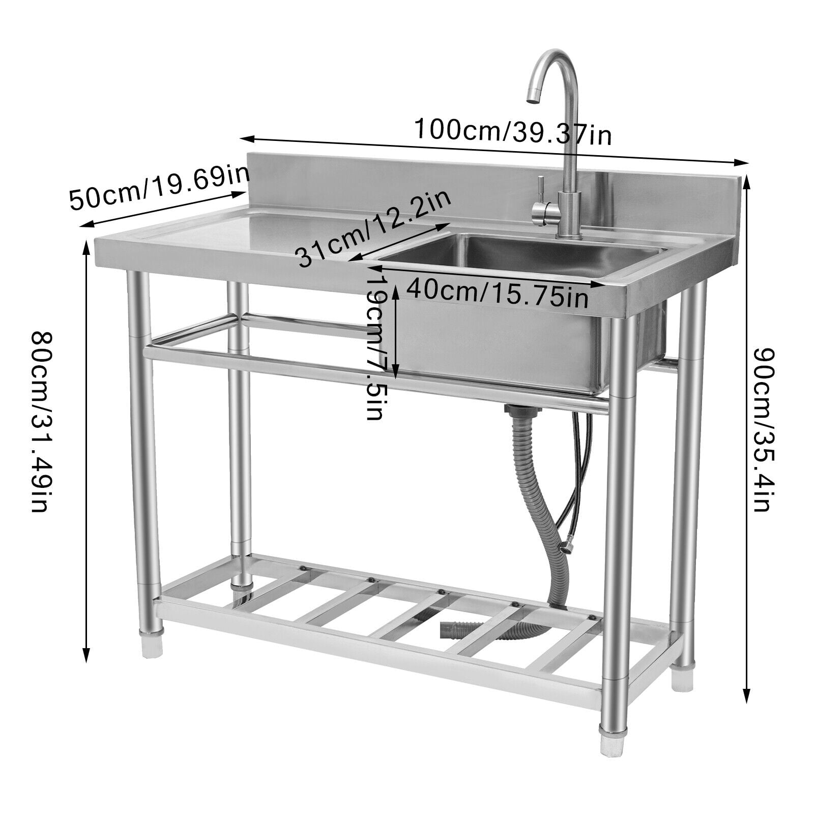 Restaurant Stainless Steel Kitchen Sink Prep Table Sink Free Standing Silver Utility Sink with Faucet 150kg Bear Capacity