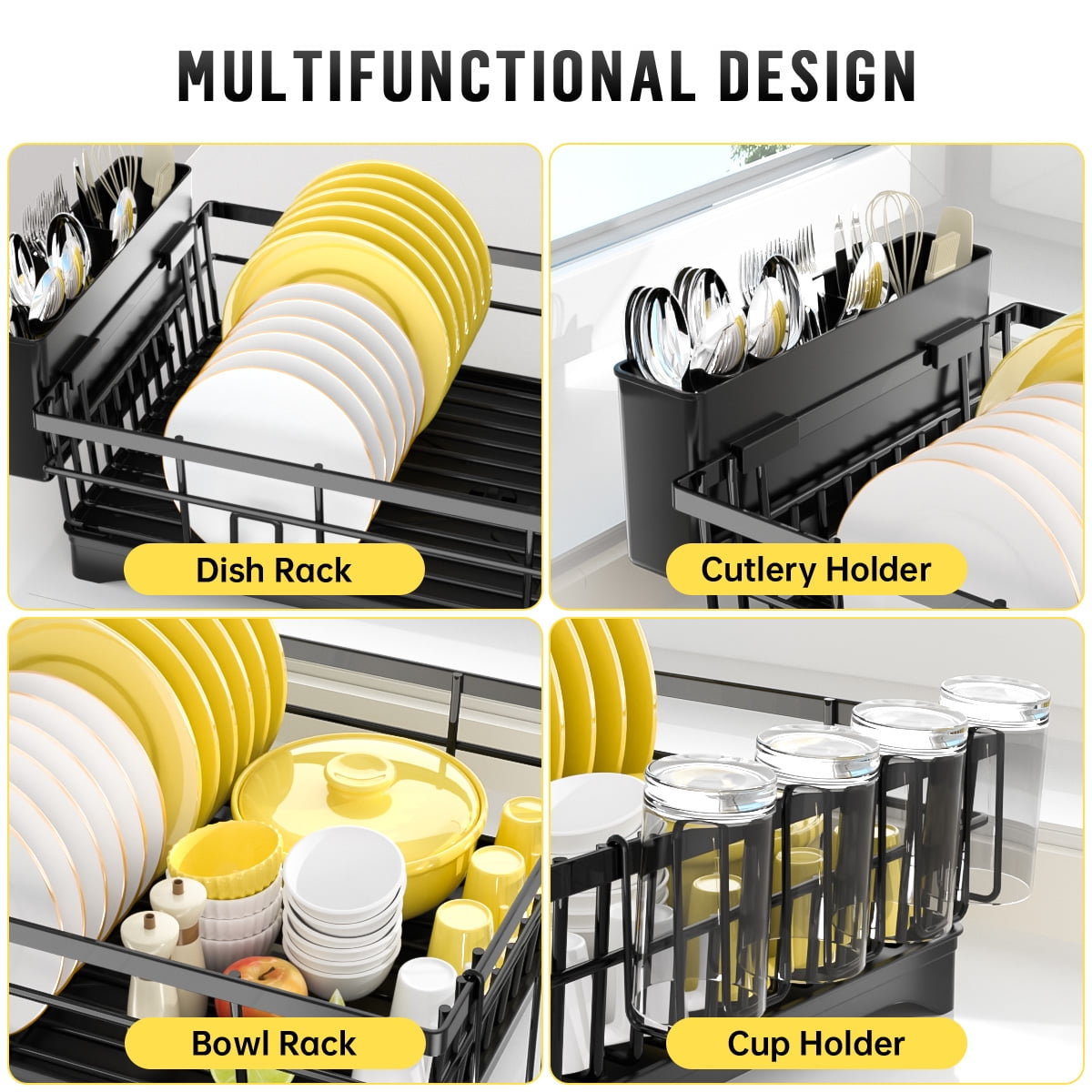 GPED Dish Drying Rack, Stainless Steel Dish Rack with Drainboard for Kitchen Counter and Sink, Dish Drainer with Cutlery Holder, Kitchen Organizer for Dishes, Spoons and Forks