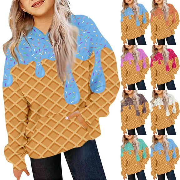 Asxite Toddler Tops Long Sleeve Fleece Hoodie Ice Cream Print Casual with Pockets Fall Winter 4-14 Y