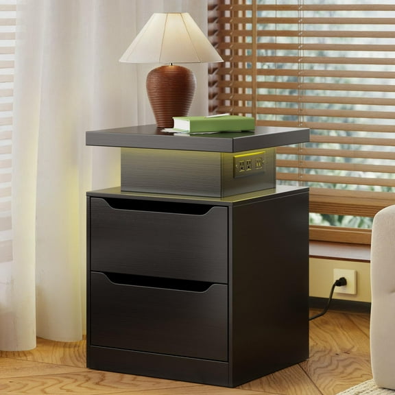 Lofka Modern Nightstand with Charging Station, RGB LED Light & Storage – Bedside Table with USB & AC Outlets, 2 Wooden Drawers, Multi-Color Remote Control, Easy Assembly