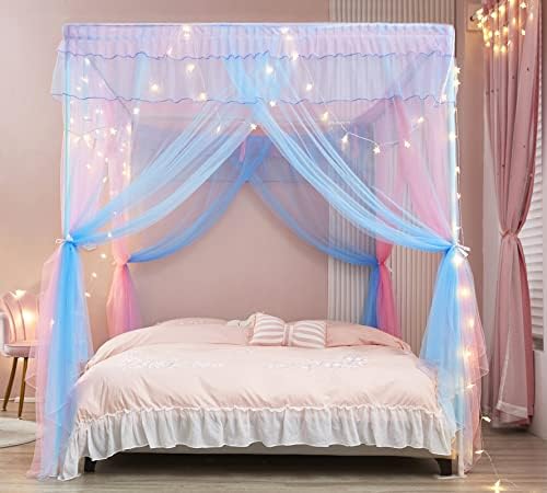 Rainbow Canopy Bed Curtains with Lights - Princess Bed Canopy for Girls - Bed Drapes Netting- Bedroom Decoration Accessories,Queen