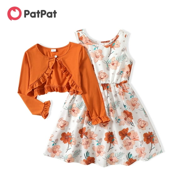 PatPat 2pcs Kid Girl Dress and Cardigan Floral Print Sleeveless Dress and Ruffled Long-sleeve Orange Cardigan Set