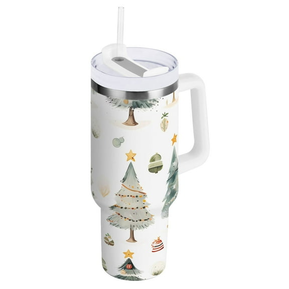 Christmas Trees Tumbler with Handle and Straw Insulated Travel Mug Reusable Stainless Steel Water Bottle 40 oz
