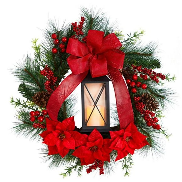 28 in. Poinsettia & Berry Holiday Lantern Christmas Wreath with LED Candle