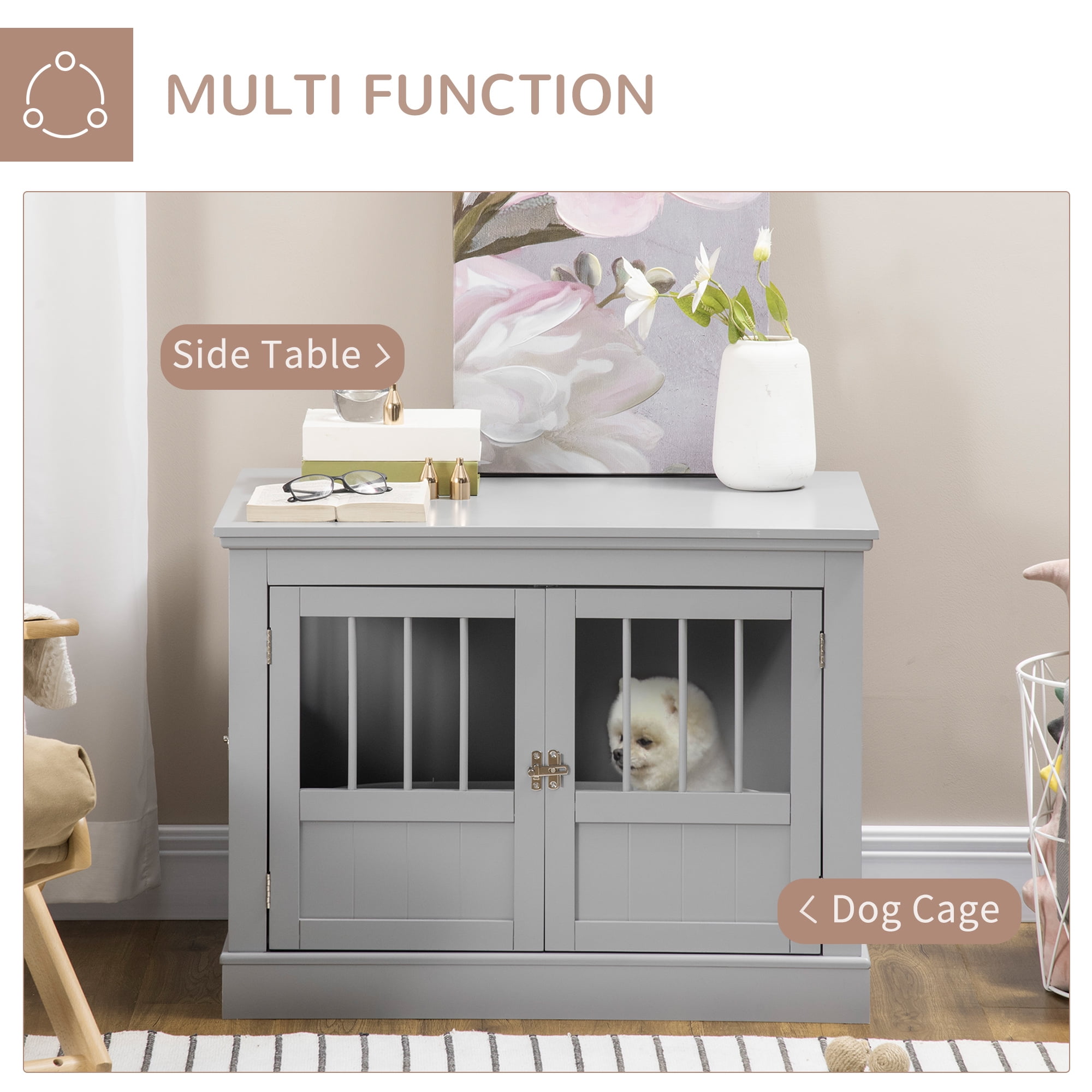 PawHut Dog Crate End Table with Triple Doors, Wooden Dog Crate Furniture Indoor Use, Puppy Crate for Small Dogs, Dark Gray