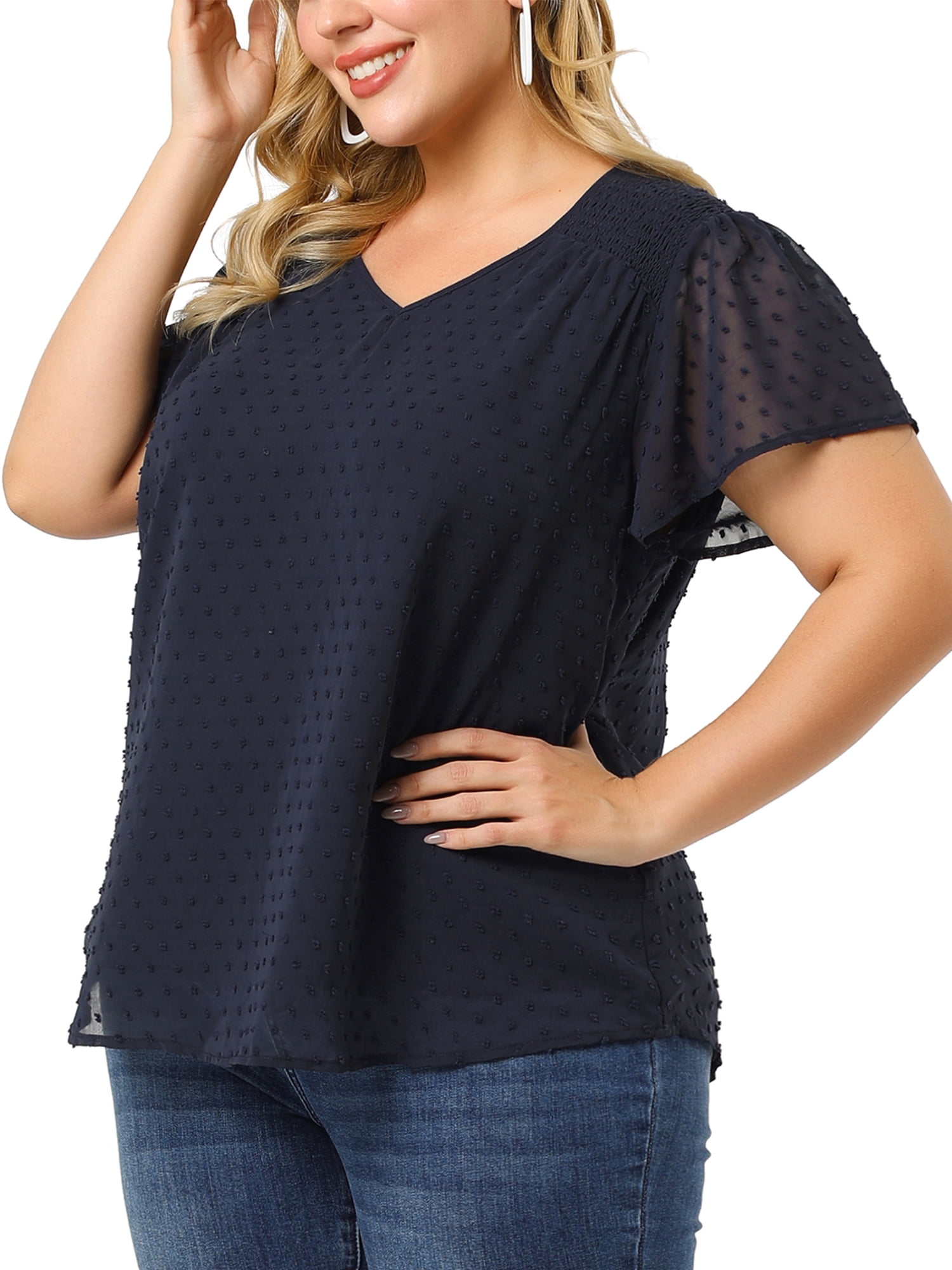 DARING DIVA Women's Plus Size Blouses Pin Dots Smocked Flare Sleeve Top 1X Royal Blue