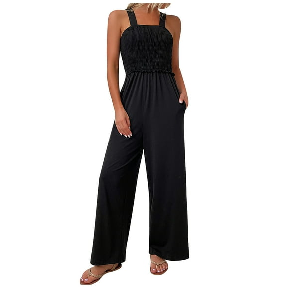 Wycnly Womens Jumpsuits Business Elastic Waist Wide Leg Strap Long Jumpsuits Overalls Trendy Solid Square Neck Sleeveless Maxi Summer Rompers Black xl
