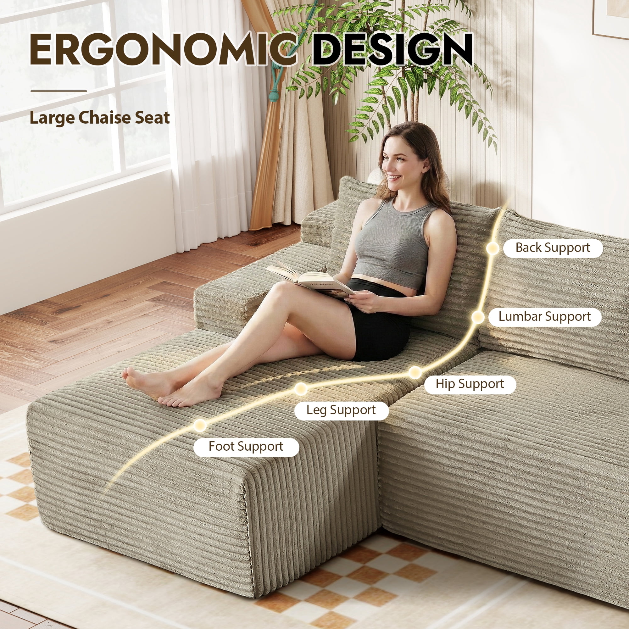 Aukfa 96" L-Shaped Cloud Sectional Sofa, Modular Boneless Couch with Deep Seat, Left-Facing Chaise, Corduroy Sleeper Sofa for Living Room, Camel
