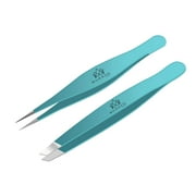 Majestic Bombay Pointy Slanted Tweezers for Women Sharp Tweezers for Hair Removal, Teal Blue, 2 Pack