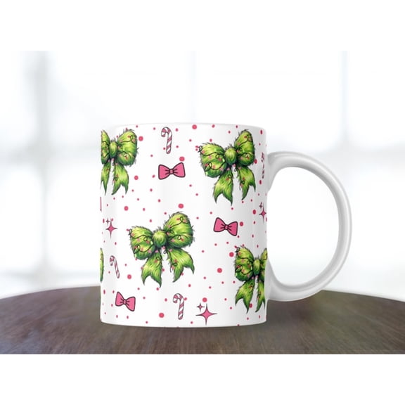 Green Coquette Bow Mug Ribbon 11 oz Coffee Cup Holiday Funny Cartoon Coffee Mug 11 oz Ceramic Mug Cup Gift fpr Valentine's Day St. Patrick's Day