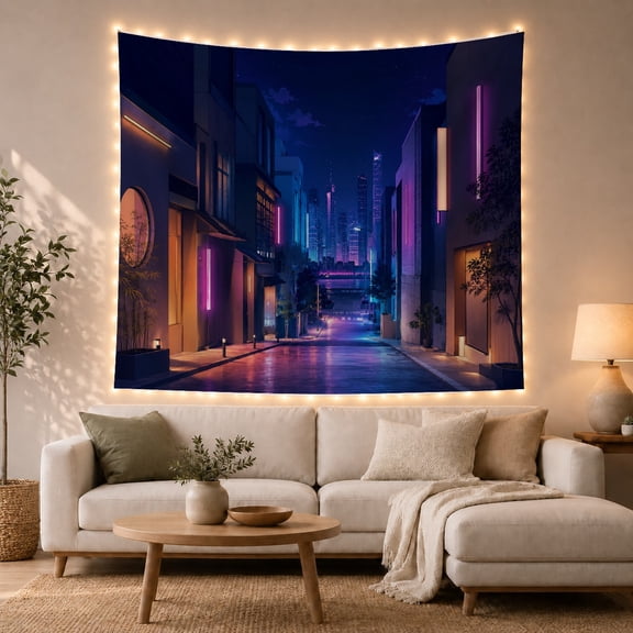 Futuristic Neon Cityscape in a Wet Reflective Alley, Moody Sci-Fi Digital Art for Sci-Fi Fans, Atmospheric Urban Wall Decor, Housewarming Gift Tapestry Wall Hanging for Gaming Room and Dorm