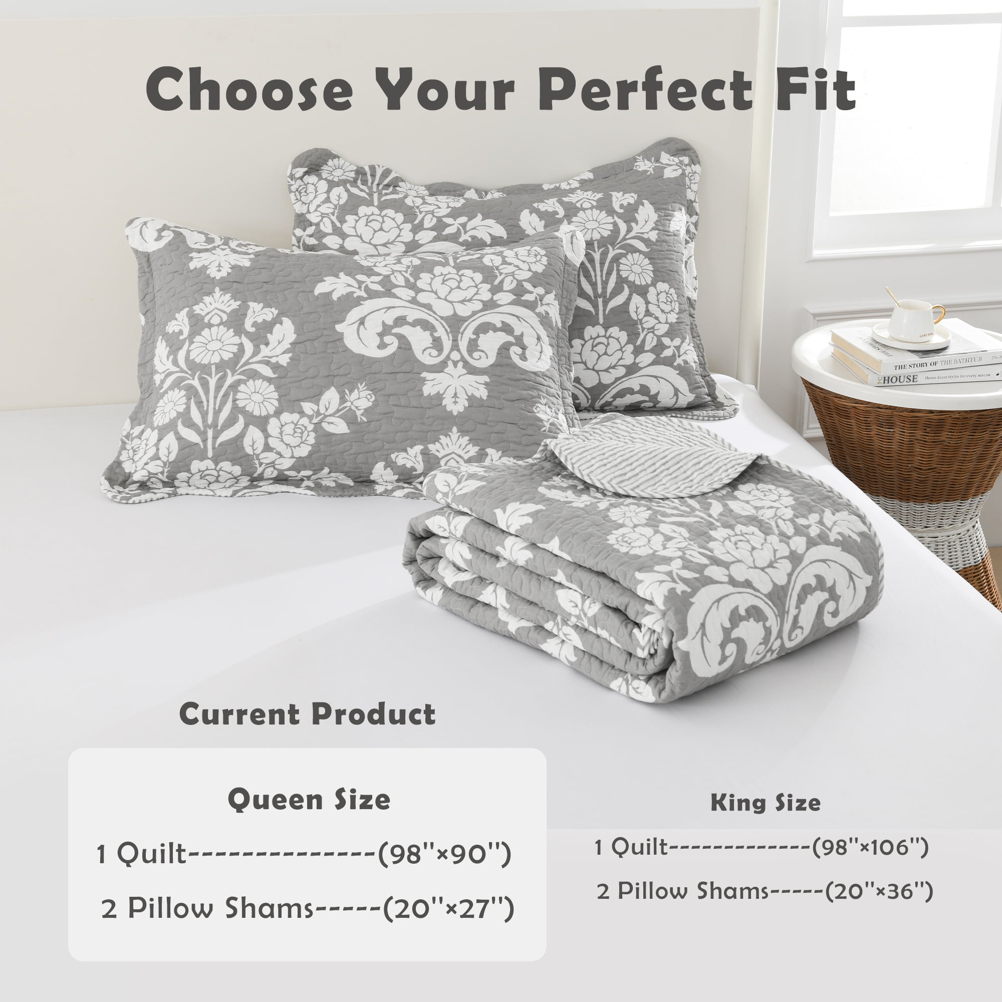 Quilt Set Queen Size - 100% Cotton Grey Damask Floral Bedspreads - Quilted Farmhouse Bedding Set for All Season - Lightweight Scallop Coverlet 3-Piece (Grey and White)
