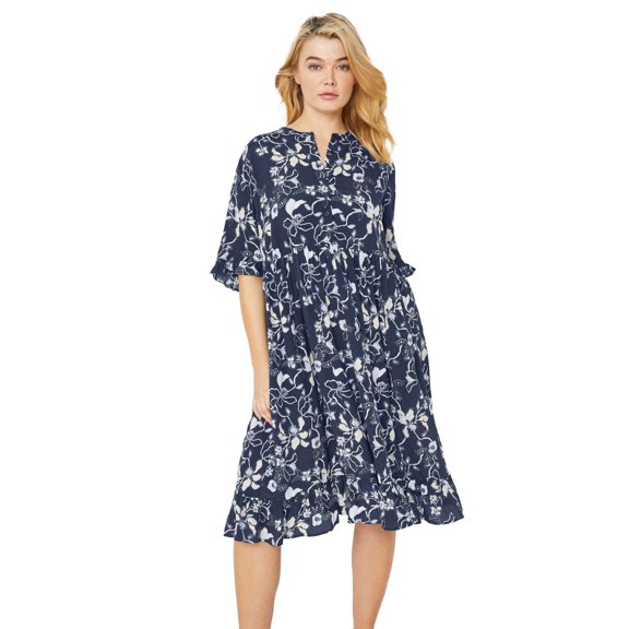 ellos Women's Plus Size Ruffled Empire Dress - 22/24, Navy Floral Print